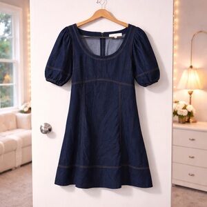 ✨ LOFT Denim Dress Cotton Lyocell Puff Sleeve Fit and Flare Mini Dress Size 4